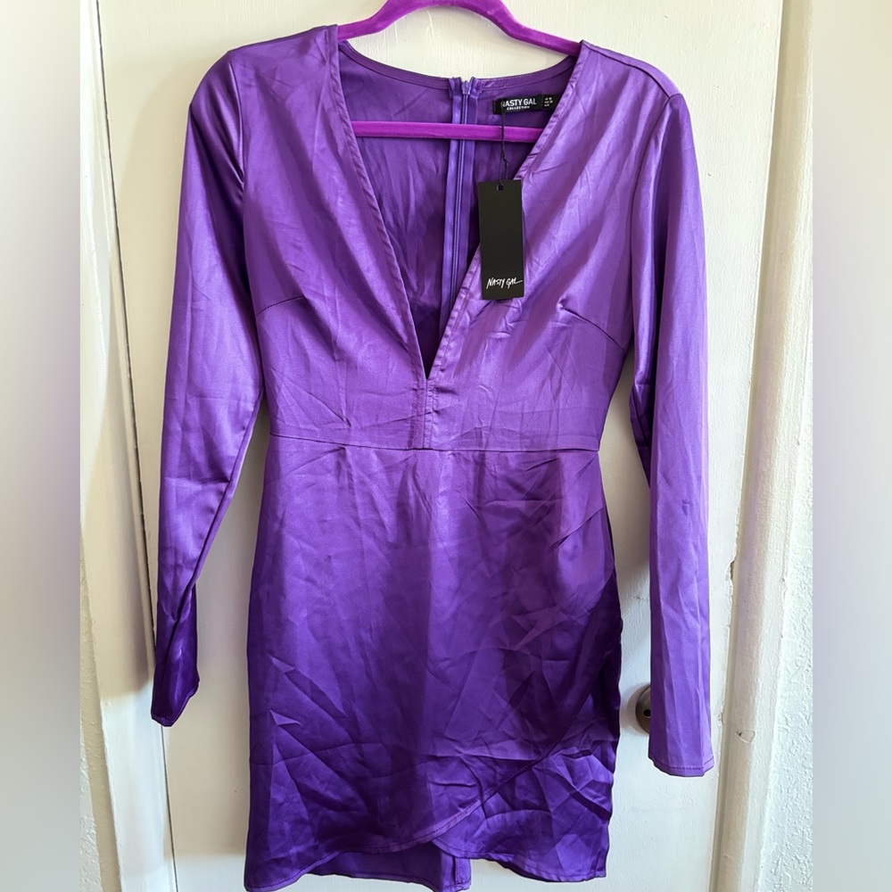 Nasty Gal Long Sleeve Wrap Purple Mini Dress - Picture 3 of 5